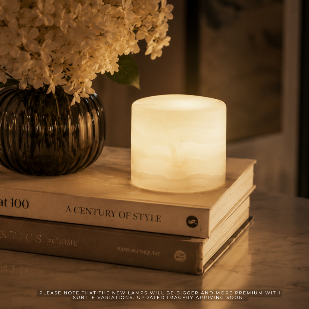 Lamp on books with a vase of flowers in the background
